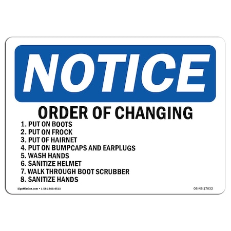 OSHA Notice Sign, Order Of Changing 1. Put On Boots 2. Put, 24in X 18in Rigid Plastic